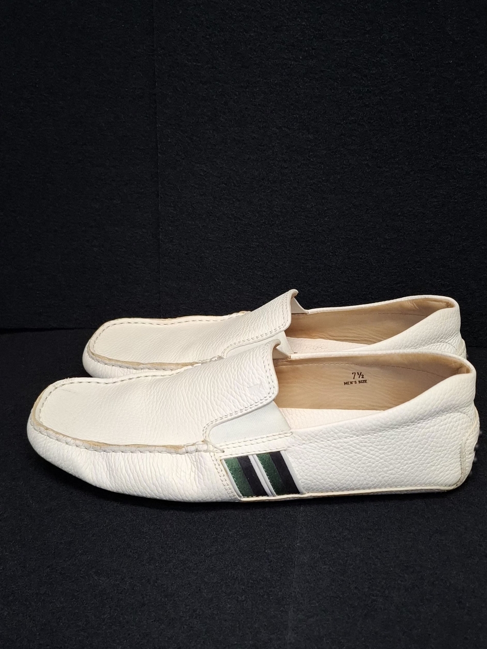 Tods Gommino Driving Loafer Mens 7.5 White Pebbled Leather Green Stripe Moccasin
